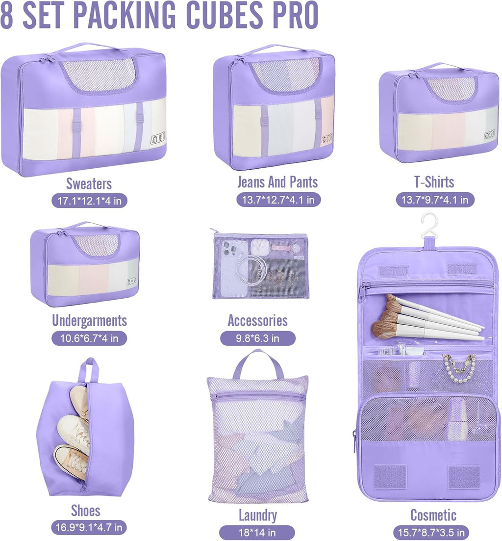 Veken 8 Set Packing Cubes for Travel Essentials, Suitcase Organizer Bags in 4 Sizes, Carry-On Luggage Accessories with Large Laundry & Hanging Toiletry Bag, Must-Have for Airplane, Road Trip & Camping