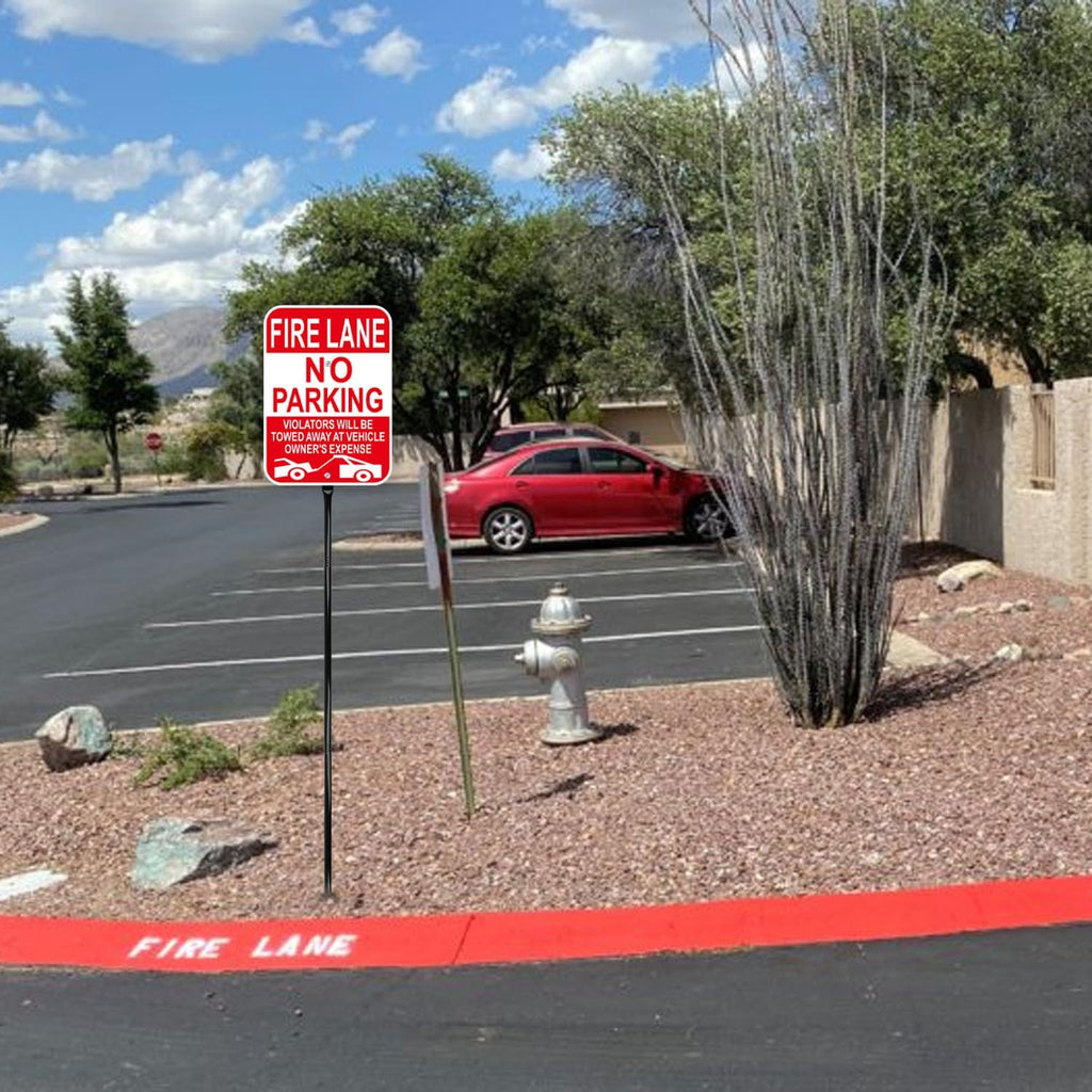 Fire Lane No Parking Sign with 54 Inch Metal Stakes, Red, Aluminum, 10x14 Inches, Reflective, Weather-Resistant, 2 Pack