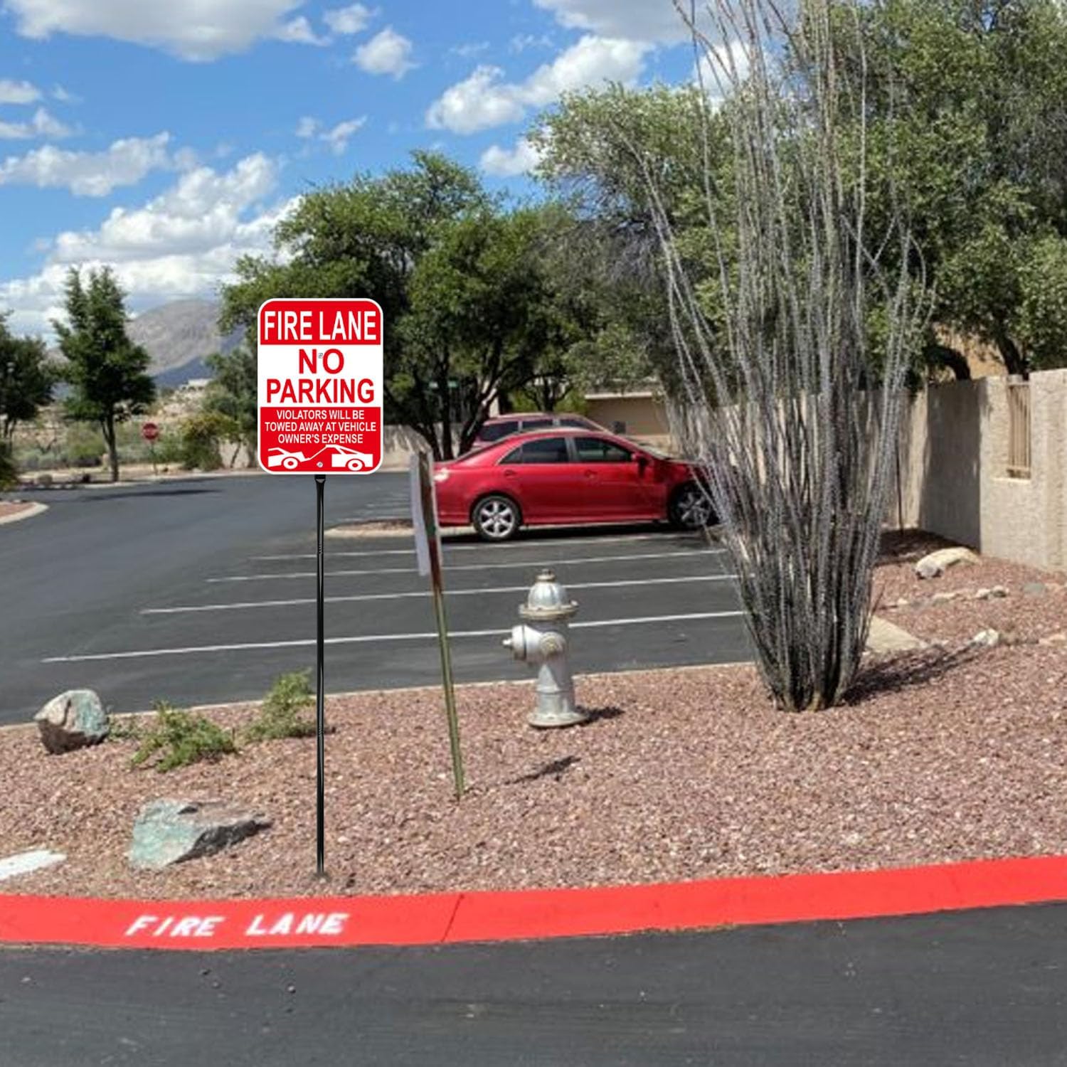 Fire Lane No Parking Sign with 54 Inch Metal Stakes, Red, Aluminum, 10x14 Inches, Reflective, Weather-Resistant, 2 Pack