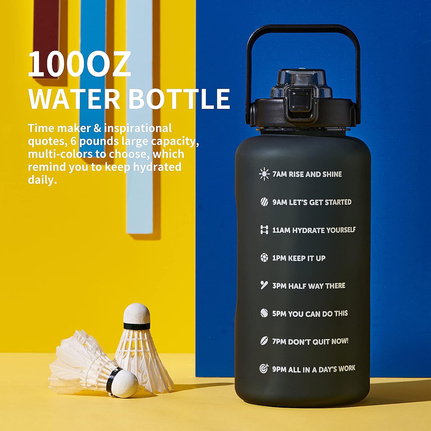 64oz,100oz,128oz Large Motivational Water Bottle with Time Marker, Leakproof & BPA Free Half Gallon Big Water Bottle with Straw Handle Tritan Frosted Water Jug for Gym,Fitness,Outdoor Sports