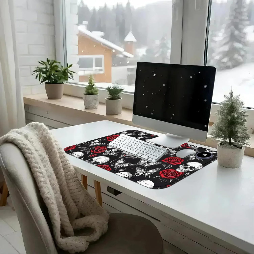 Heated Mouse Pad with 3 Temperature Settings(104°F–122°F),Large 24x14.2 Inch PU Leather Heated Desk Mat,Waterproof Warming Pad for Office,Gaming & Cold Hands Relief,Skeleton Skull Rose