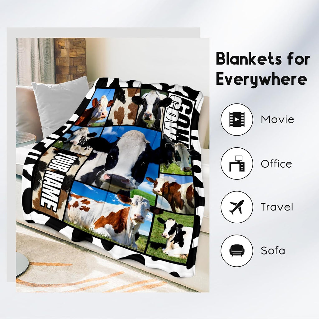 Custom Cow Blankets and Throws, Personalized Cow Gifts for Women Girls, Soft Fluffy Fuzzy Farmhouse Blanket Country Home Decor, 40"x50" Animal Pattern Throw for Couch Sofa