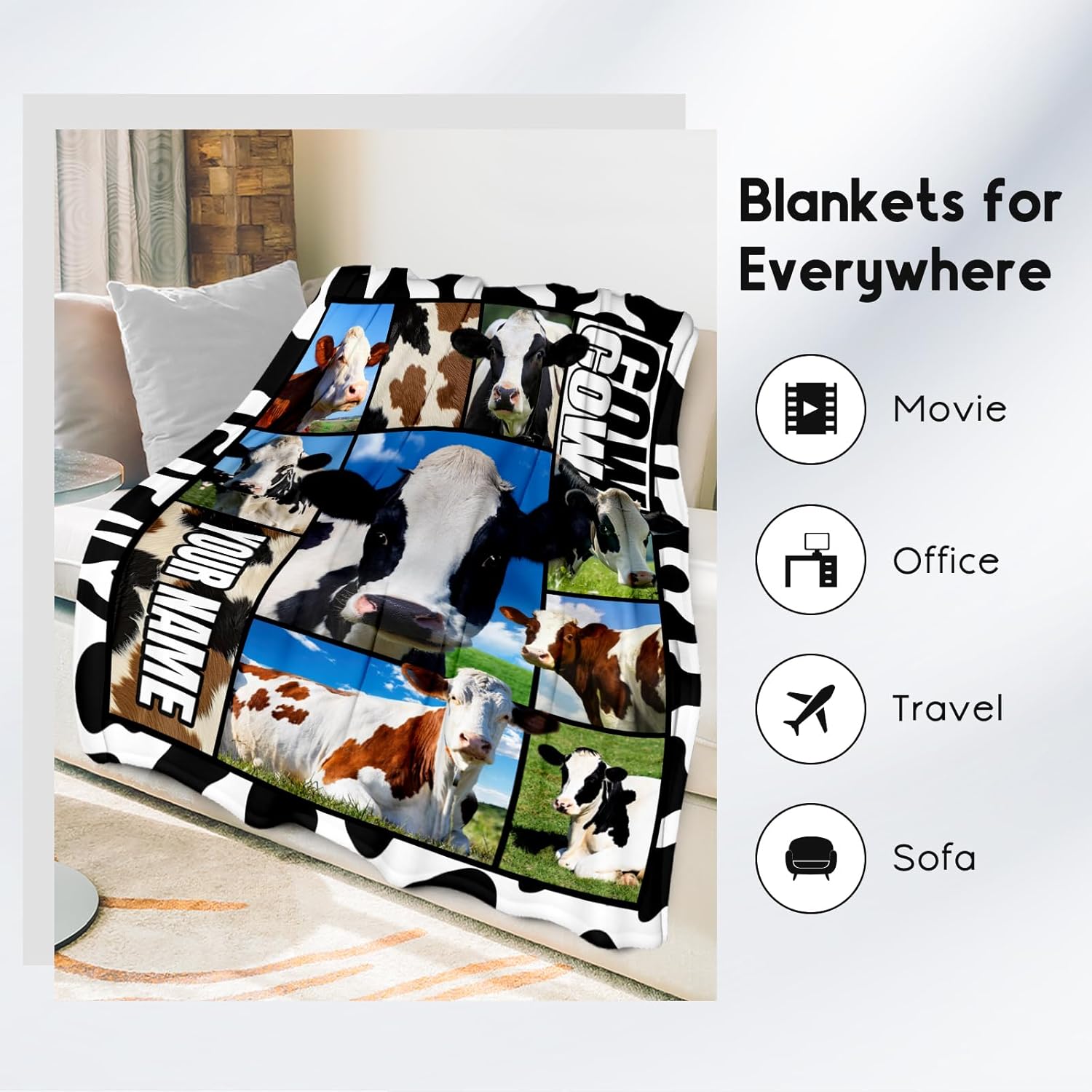 Custom Cow Blankets and Throws, Personalized Cow Gifts for Women Girls, Soft Fluffy Fuzzy Farmhouse Blanket Country Home Decor, 50"x60" Animal Pattern Throw for Couch Bed