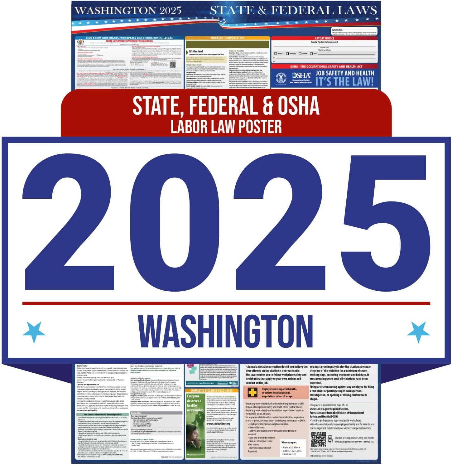 2025 Washington State and Federal Labor Law Poster - OSHA Workplace Compliant - Mandatory Regulations Posting for Employees - All-in-One Required Compliance Posting 16" x 40" - Laminated (English Poster)