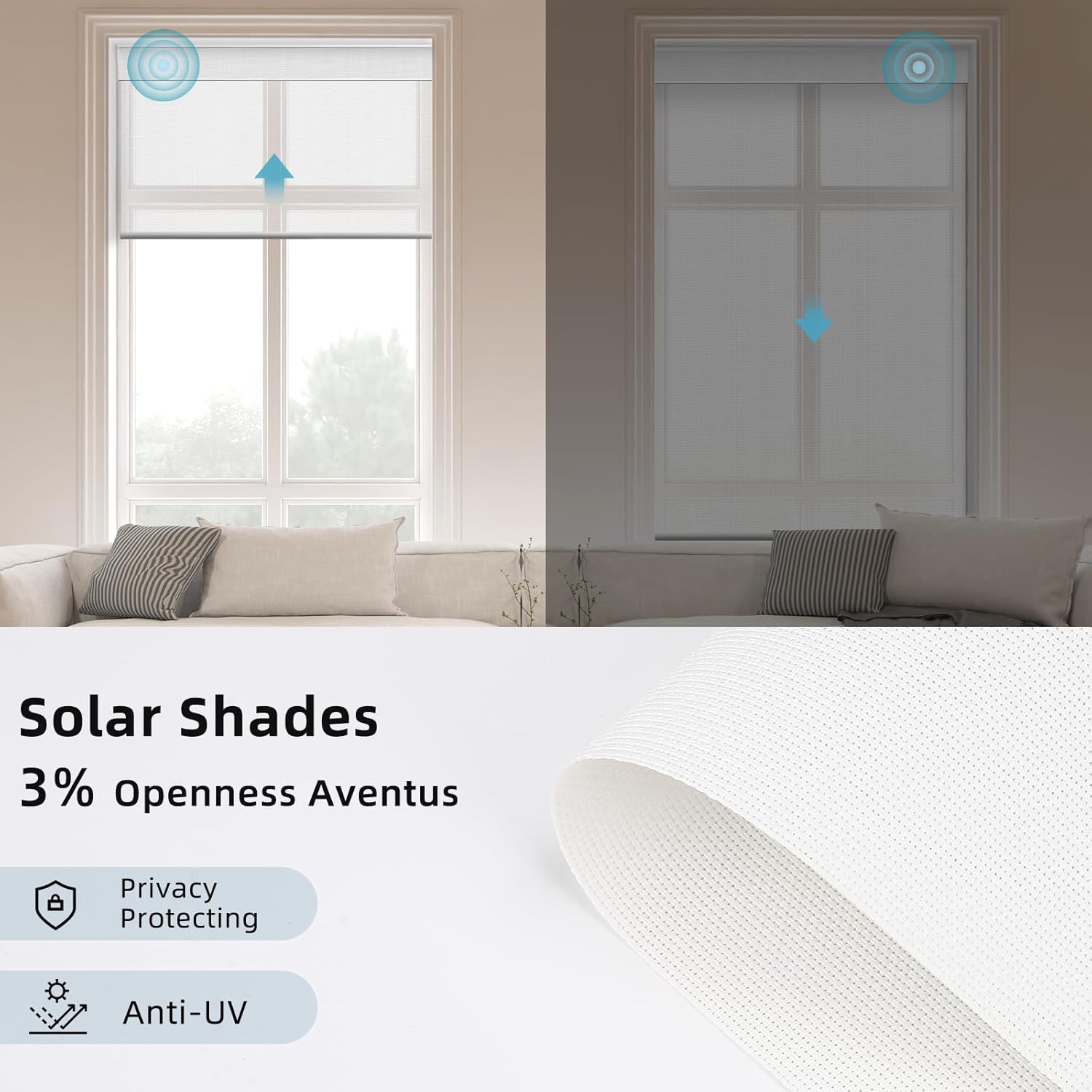 SmartWings Motorized Smart Roller Shades in Light Filtering, Electric Blinds with Remote for Windows Compatible with Alexa/Google Home/Homekit, Customized, 3% Openness Aventus White