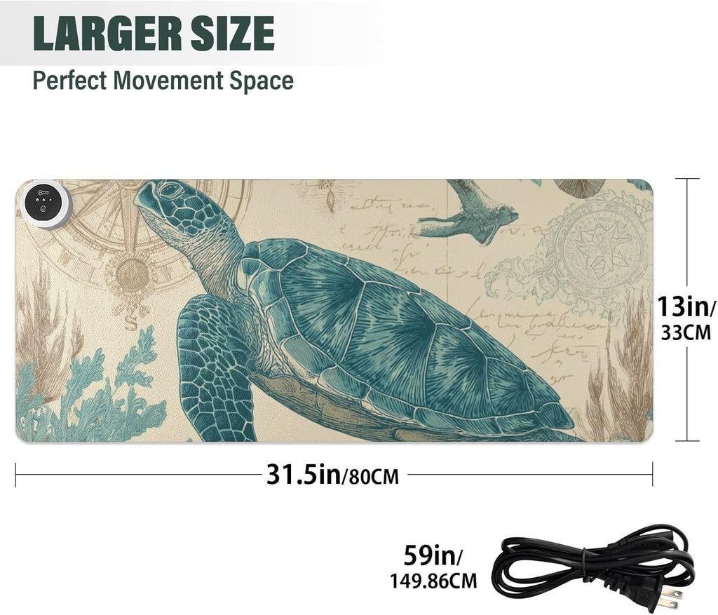 Heated Desk Pad Mouse Pad 31.5x13 Inch PU Leather Desk Mat with 3 Heat Levels Large Mouse Gaming Computer Laptop Mat Retro Sea Turtle Compass