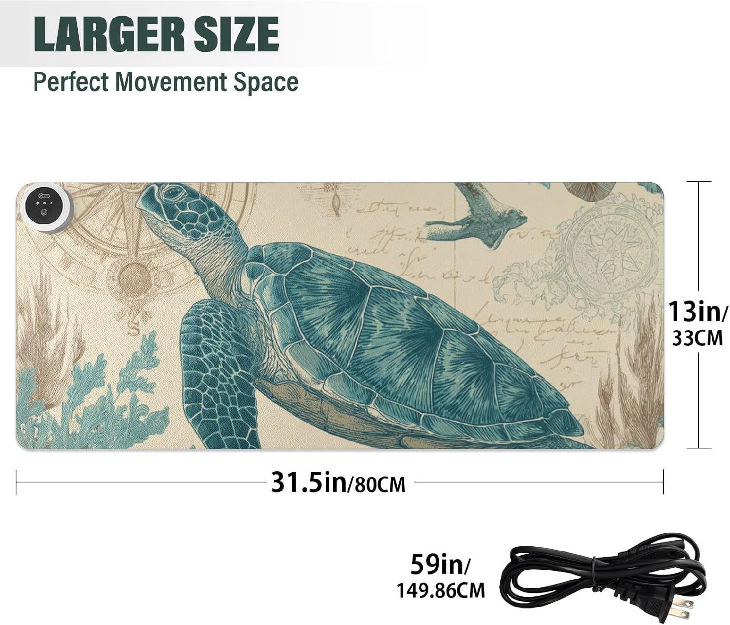 Heated Desk Pad Mouse Pad 31.5x13 Inch PU Leather Desk Mat with 3 Heat Levels Large Mouse Gaming Computer Laptop Mat Retro Sea Turtle Compass