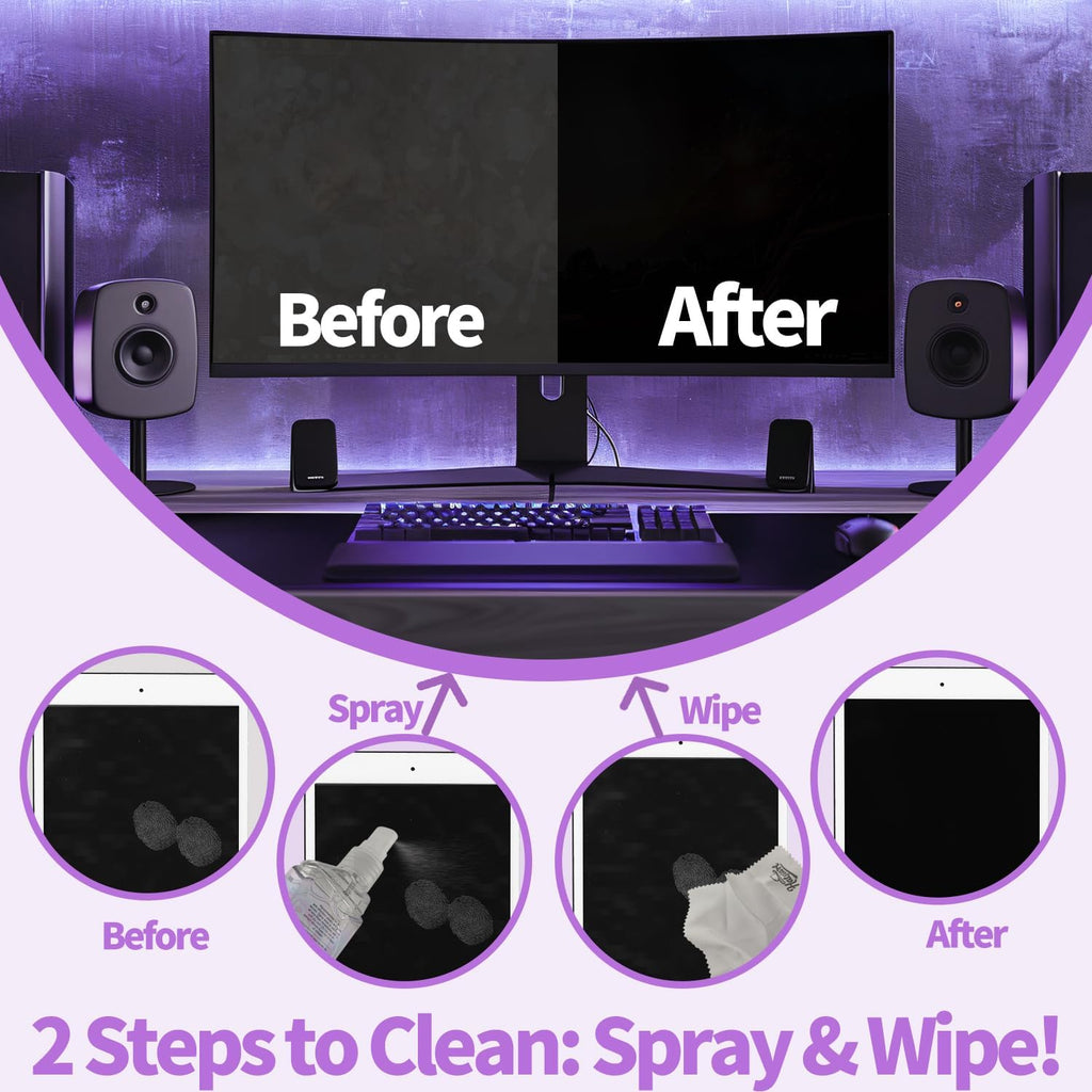 Phone Touch Screen Cleaner Mist Spray and Wipe, Hatstart Pristine Eyeglass Cleaning Kit for TV Laptop Computer Tablet PC LCD Flat Screens Car Display, Compatible with iPhone iPad MacBook Pro, Purple
