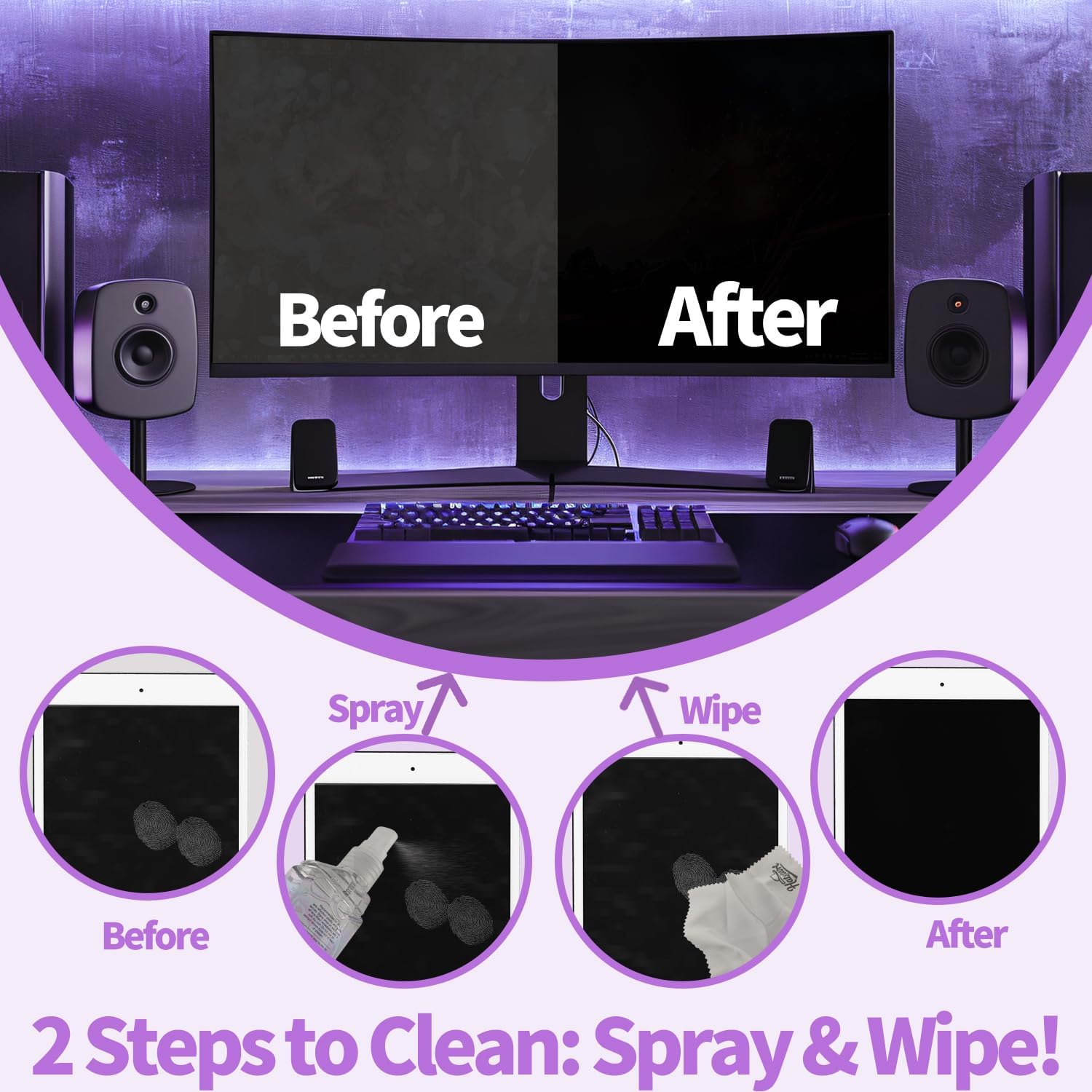 Phone Touch Screen Cleaner Mist Spray and Wipe, Hatstart Pristine Eyeglass Cleaning Kit for TV Laptop Computer Tablet PC LCD Flat Screens Car Display, Compatible with iPhone iPad MacBook Pro, Purple