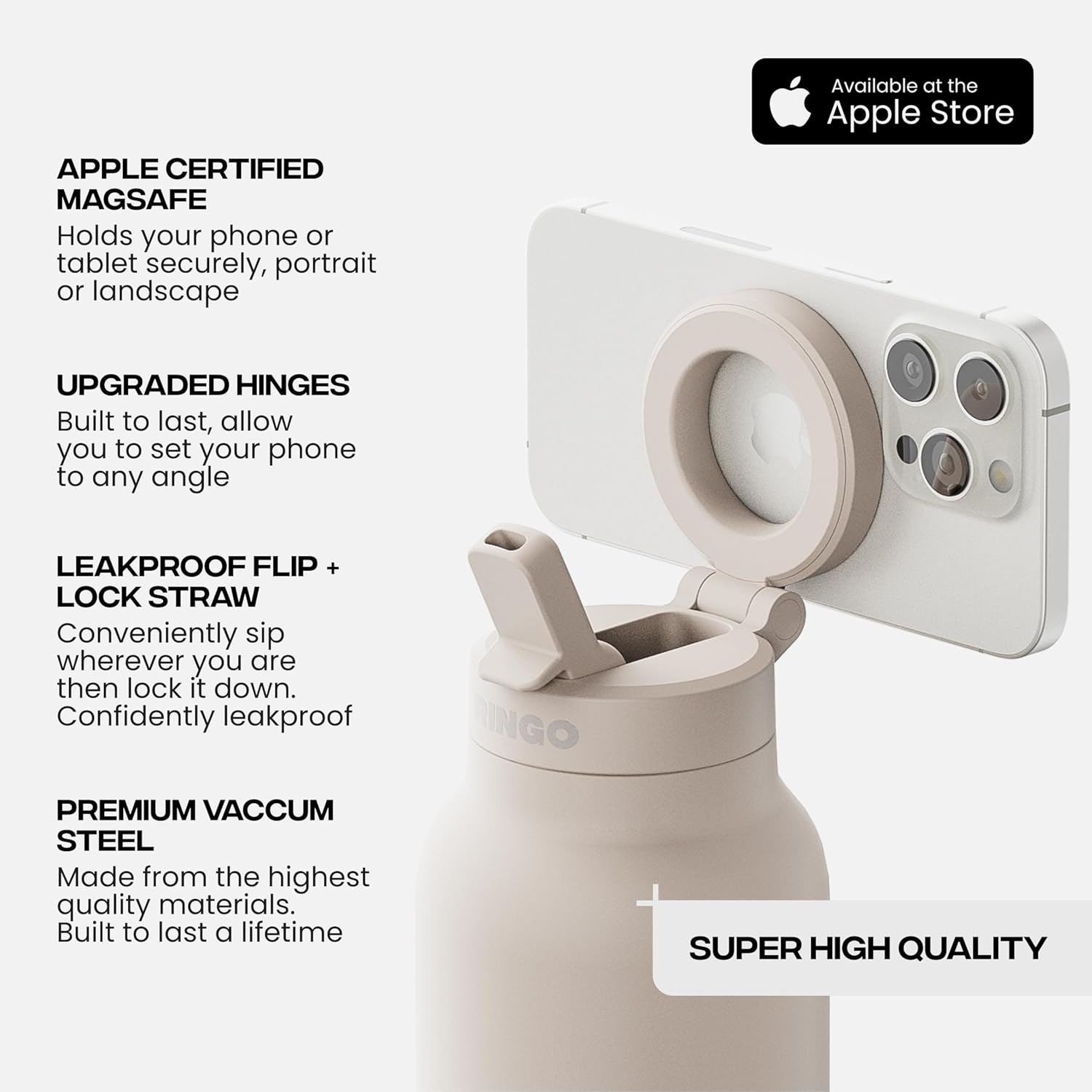 Ringo PRO Water Bottle with Magnetic Phone Mount & Sip Straw Lid - Insulated Stainless Steel Bottle for Workouts, Content Creation, Navigation & Facetime on the Go, 12Hrs Hot/24Hrs Cold Ivory-24oz