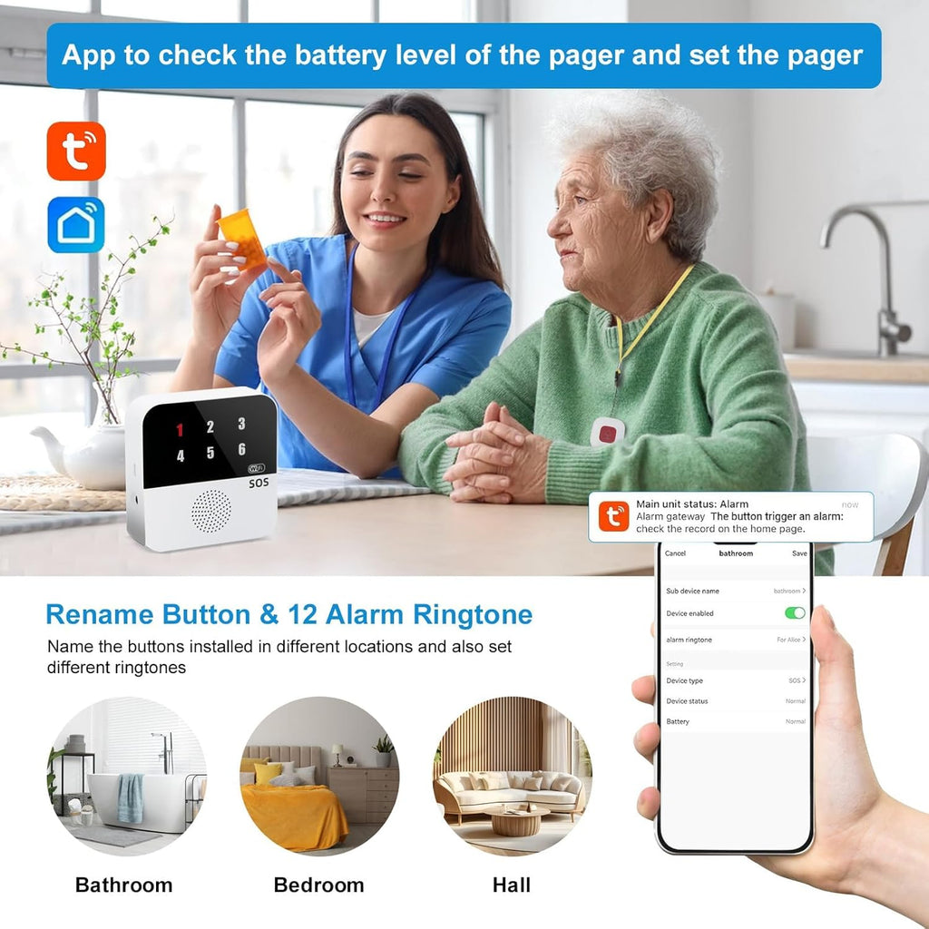Life Alert Systems for Seniors No Monthly Fee, App-Controlled Pager, Medical Alert Systems for Seniors LED Number Display 2Call Button 1Receiver(Only Supports 2.4GHz Wi-Fi) (Neck Remote Control)