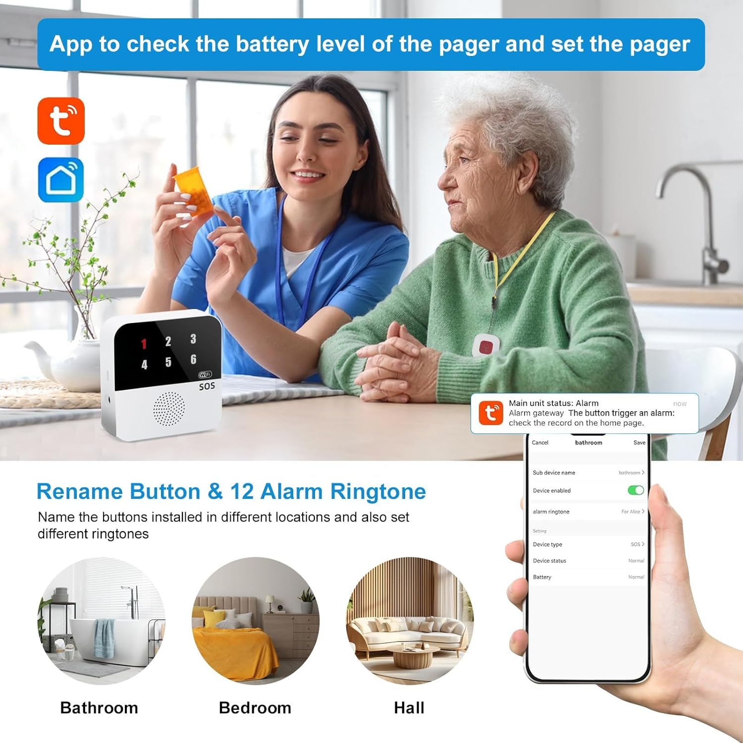 Life Alert Systems for Seniors No Monthly Fee, App-Controlled Pager, Medical Alert Systems for Seniors LED Number Display 2Call Button 1Receiver(Only Supports 2.4GHz Wi-Fi) (Neck Remote Control)