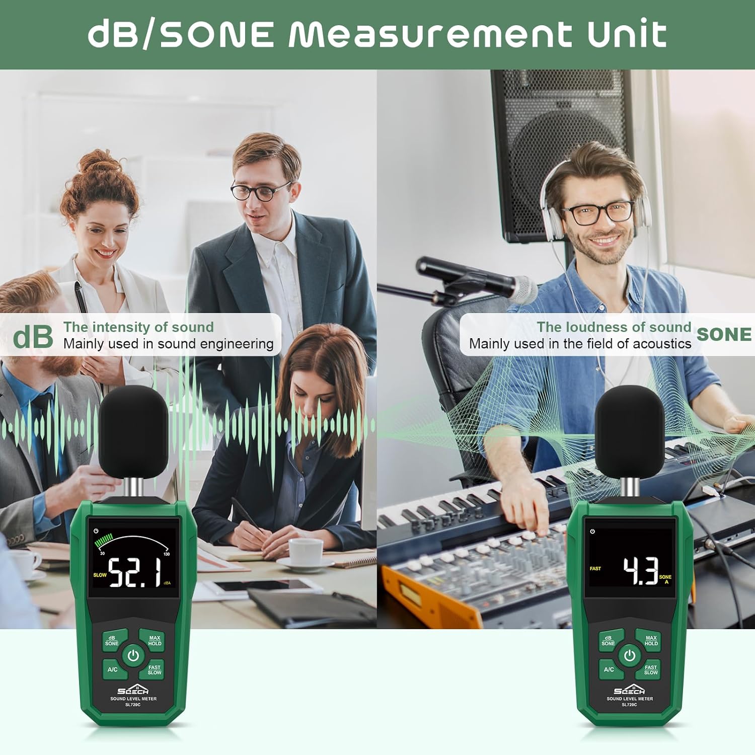 SQECH Decibel Meter, Digital Sound Level Meter with LCD Color Screen,Portable SPL Meter Range 30-130dB with A/C Weighted,MAX/MIN,Data Hold,dB/SONE Unit,FAST/SLOW Response,for Home/Office/Factories