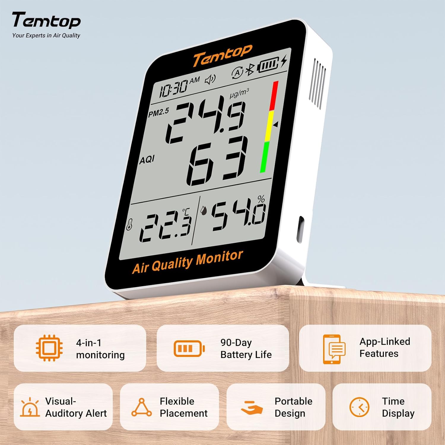 Temtop Smart Air Quality Monitor - Indoor Air Quality Meter with PM2.5, AQI, Temperature and Humidity Detector for Home, Office or School, App Connectivity, OTA Updates, 60-Day Battery Life
