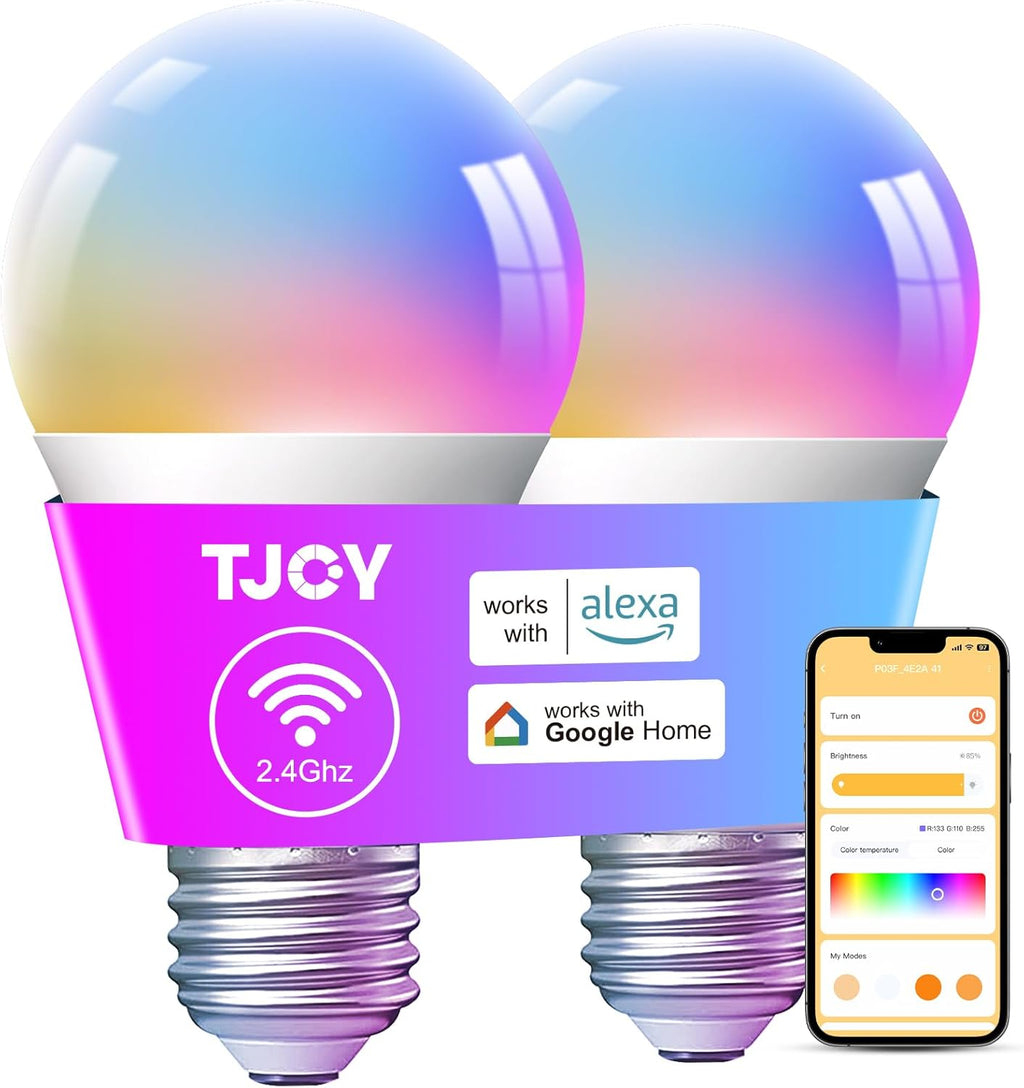 TJOY Smart Light Bulbs, Bluetooth WiFi Led Bulb Compatible with Alexa &Google Assistant, RGB Color Changing Alexa Bulb, 9W(60W Equivalent), A19 E26 800LM, 2.4Ghz WiFi only,2 Pack