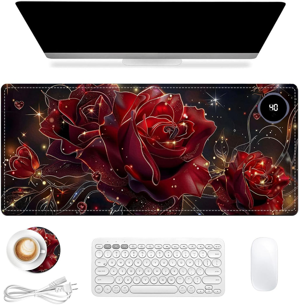 Heated Mouse Pad, Warm Desk Pad, Keyboard Mat 31.5 x 13 Inch Large Size Intelligent Fast Heating, 3 Speed Adjustable, Timed Auto Power Off for Game Office Home,Flowers Roses