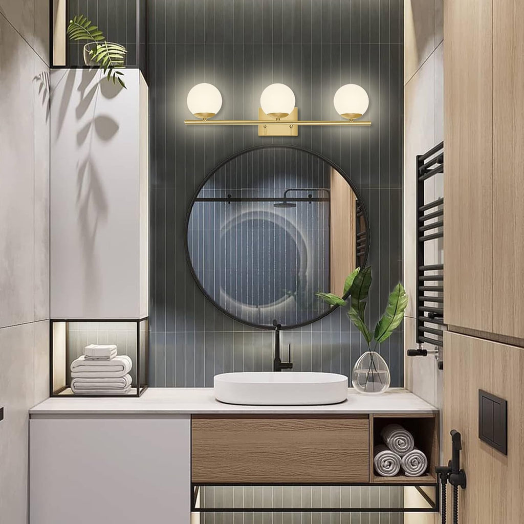 New Bathroom Vanity Light 3 Lights Fixtures Brushed Brass Milk White Globe Glass Shade Modern Wall Bar Sconce Over Mirror (Exclude G9 Bulb)