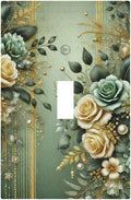 Decorative Light Switch Cover Plate Rustic Green Floral Leaves Teal Flowers Gold Stripe 1 Gang Wall Plate Oversized Single Toggle Wall Cover Plate Jumbo Switchplate Faceplate