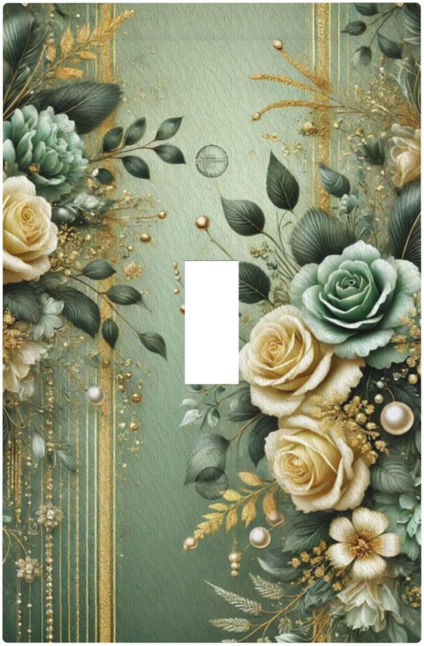 Decorative Light Switch Cover Plate Rustic Green Floral Leaves Teal Flowers Gold Stripe 1 Gang Wall Plate Oversized Single Toggle Wall Cover Plate Jumbo Switchplate Faceplate