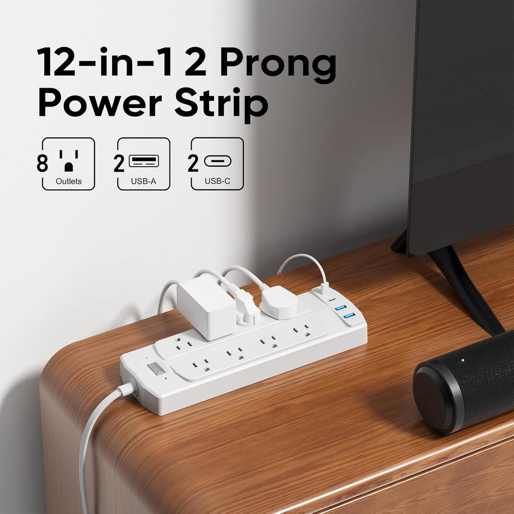 2 Prong Power Strip, Yozisital 2 Prong to 3 Prong Outlet Adapter, 5FT Extension Cord with Polarized Plug, 1200J Surge Protector, 8 AC Outlets & 4 USB, Wall Mountable, Ideal for Non-Grounded Outlets