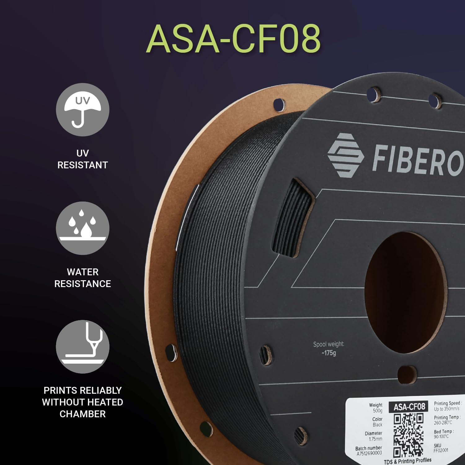 Polymaker Fiberon ASA-CF08 Black Carbon Fiber 3D Printing Filament 1.75mm 0.5KG, UV & Weather Resistant, High Rigidity, Heat Resistant, Easy to Print, Functional Parts & Prototypes, 6 Vibrant Colors