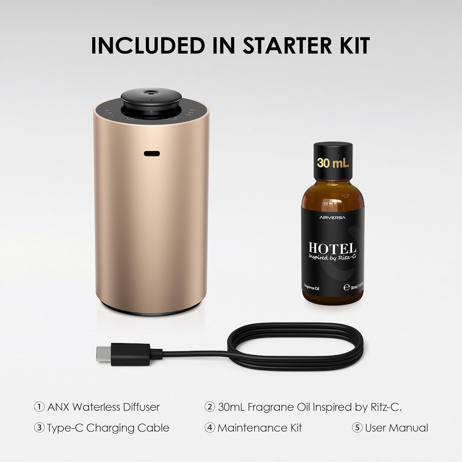 Waterless Essential Oil Diffuser Starter Kit with 30mL Hotel Scent Fragrance Oil Inspired by Ritz-C., Battery Operated Premium Portable Mini Scent Air Machine for Home Car Office, Desert Titanium ANX