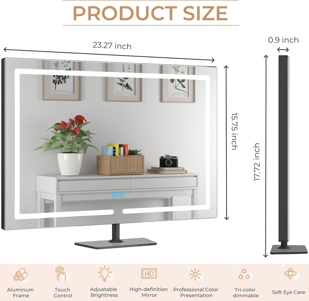 Vanity Mirror with Lights, 23.27 x 17.7 Inch LED Makeup Mirror, Lighted Makeup Mirror with Dimmable 3 Modes, Smart Touch Control, Aluminum Frame and Tempered Glass Base, Bronze
