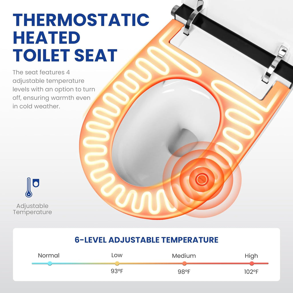 Smart Toilet, ADA Height Elongated with Quiet Dual Pump, 4-Level Heated Seat, Foot Sensor & Automatic Flushing, LED Light