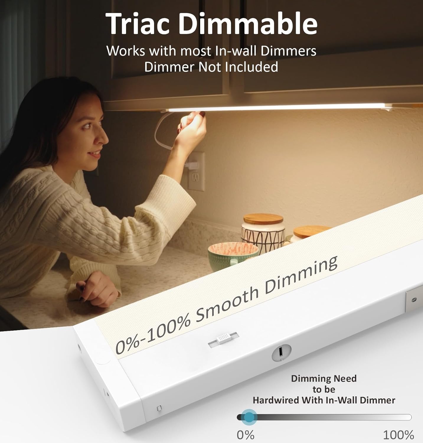 LED Under Cabinet Lighting Hardwired or Plug in, 16 Inch 8W, Dimmable 5 Color 2700K/3000K/3500K/4000K/5000K, Linkable Eyes Care Design Counter Lights for Kitchen, Sink, ETL Listed, White