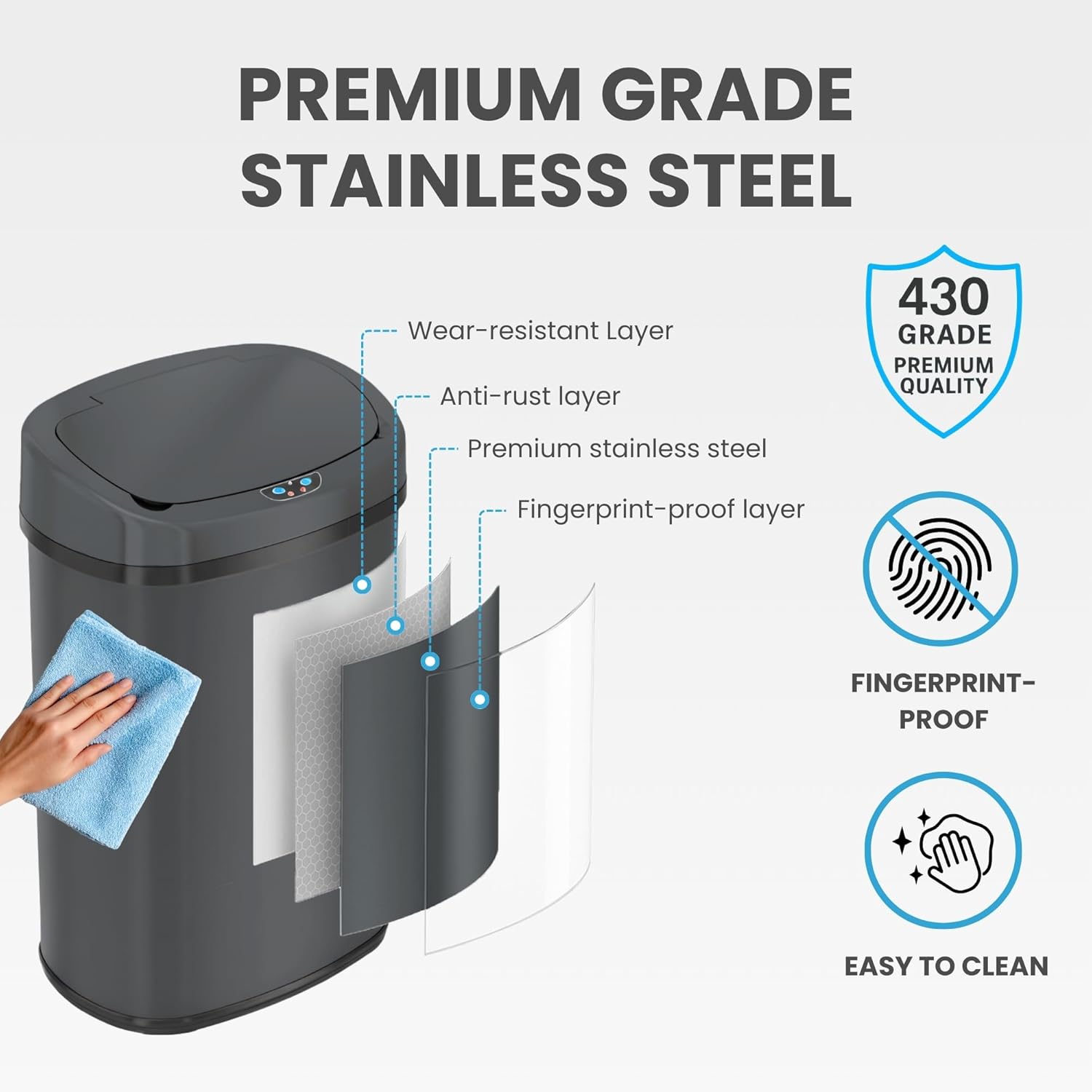 SensorCan 13 Gallon Automatic Sensor Trash Can with Lid, AC Adapter Included, AbsorbX Odor Control, Gunmetal Gray Stainless Steel Kitchen Garbage Bin, Fingerprint-Proof, Hands-Free Operation, Oval