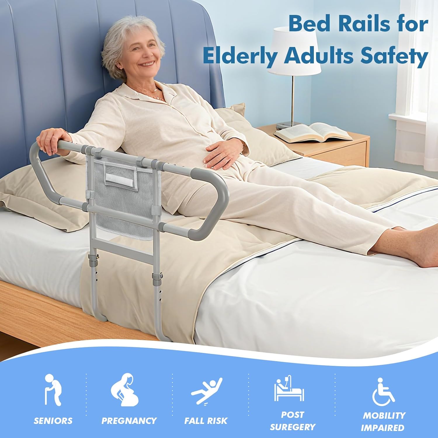 Bed Rail for Elderly Adults Safety – Bed Rails for Seniors Safety, Adjustable Bedside Assist Rail with Storage Pocket, Non-Slip Handle, Motion Sensor Night Light, Heavy-Duty 400LB Support