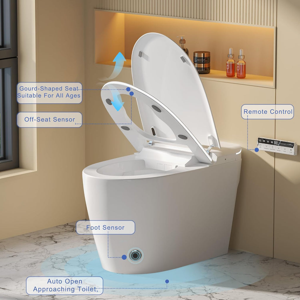 Luxury Smart Toilet with Foam Shield Auto-Open/Close Lid,One Piece Bidet Toilet Heated Seat for Bathrooms, Multiple Cleaning Modes,Aromatic Spray,Air Purification,Smart Foot Sensor