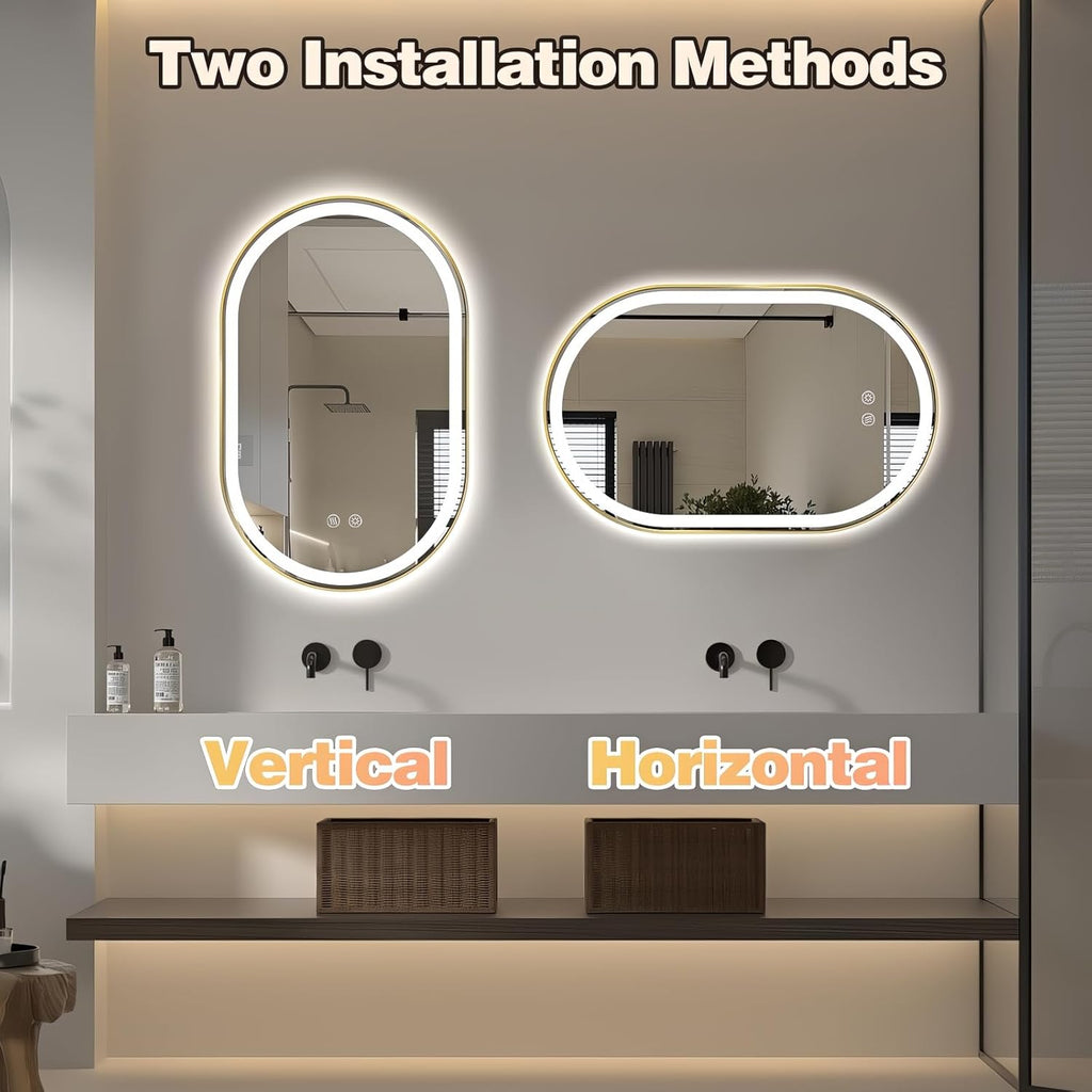 Niccy Oval LED Mirror for Bathroom, 32x20 Front Lit + Backlit Vanity Mirrors with Light Anti-Fog, Shatter-Proof, 3 Colors, Makeup Mirror with Old Gold Frame (Horizontal/Vertical)