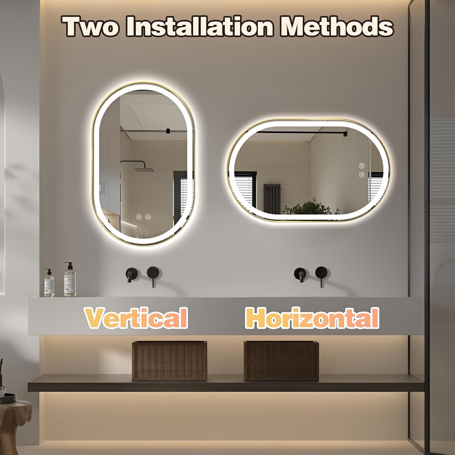 Niccy Oval LED Mirror for Bathroom, 32x20 Front Lit + Backlit Vanity Mirrors with Light Anti-Fog, Shatter-Proof, 3 Colors, Makeup Mirror with Old Gold Frame (Horizontal/Vertical)