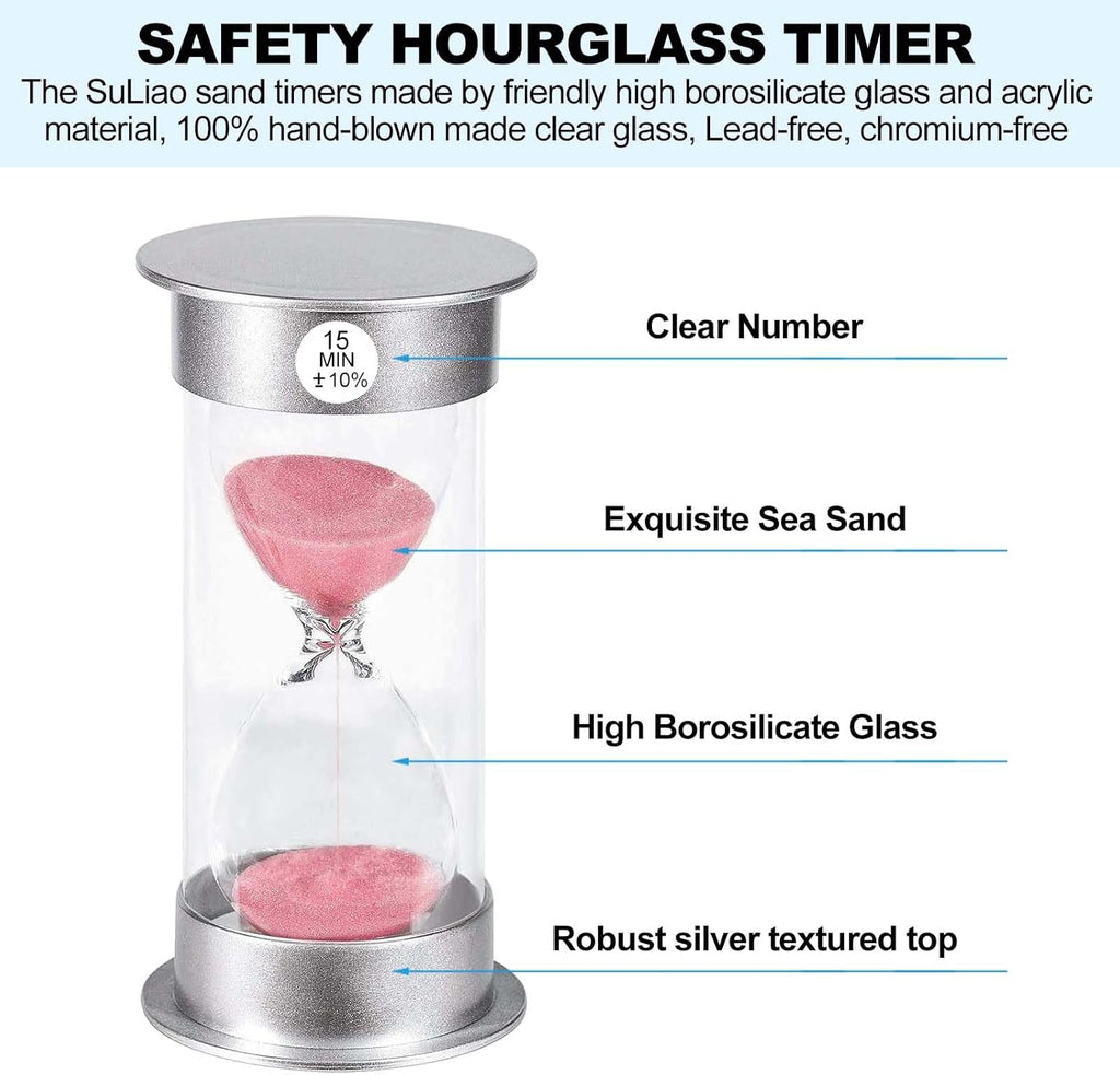 SuLiao 15 Minute Hourglass Timer Sand Clock, Unbreakable Pink Sand Watch 15 Min, Colorful Plastic Hour Glass Sandglass for Kids, Games, Decor, Classroom, Kitchen, Toothbrush Timer