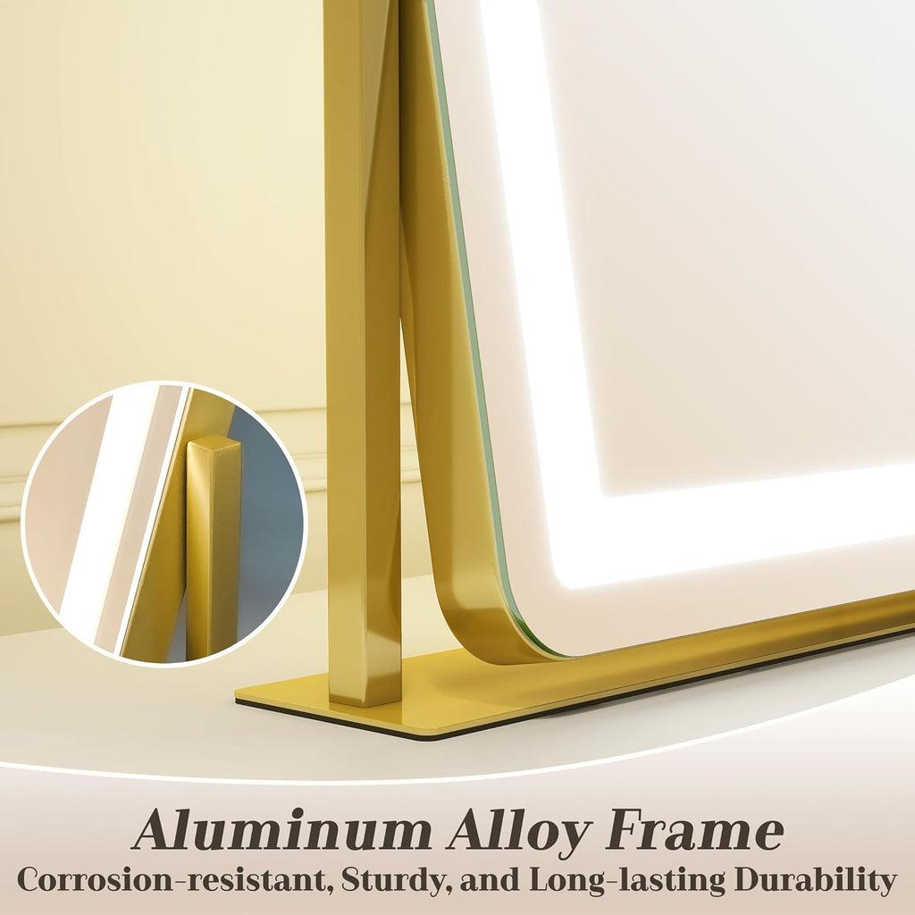 ROLOVE Gold Vanity Mirror with Lights - Smart Touch Dimming, 3-Color Lighting, 360° Rotatable Desktop Makeup Mirror for Desk, 22"x17"