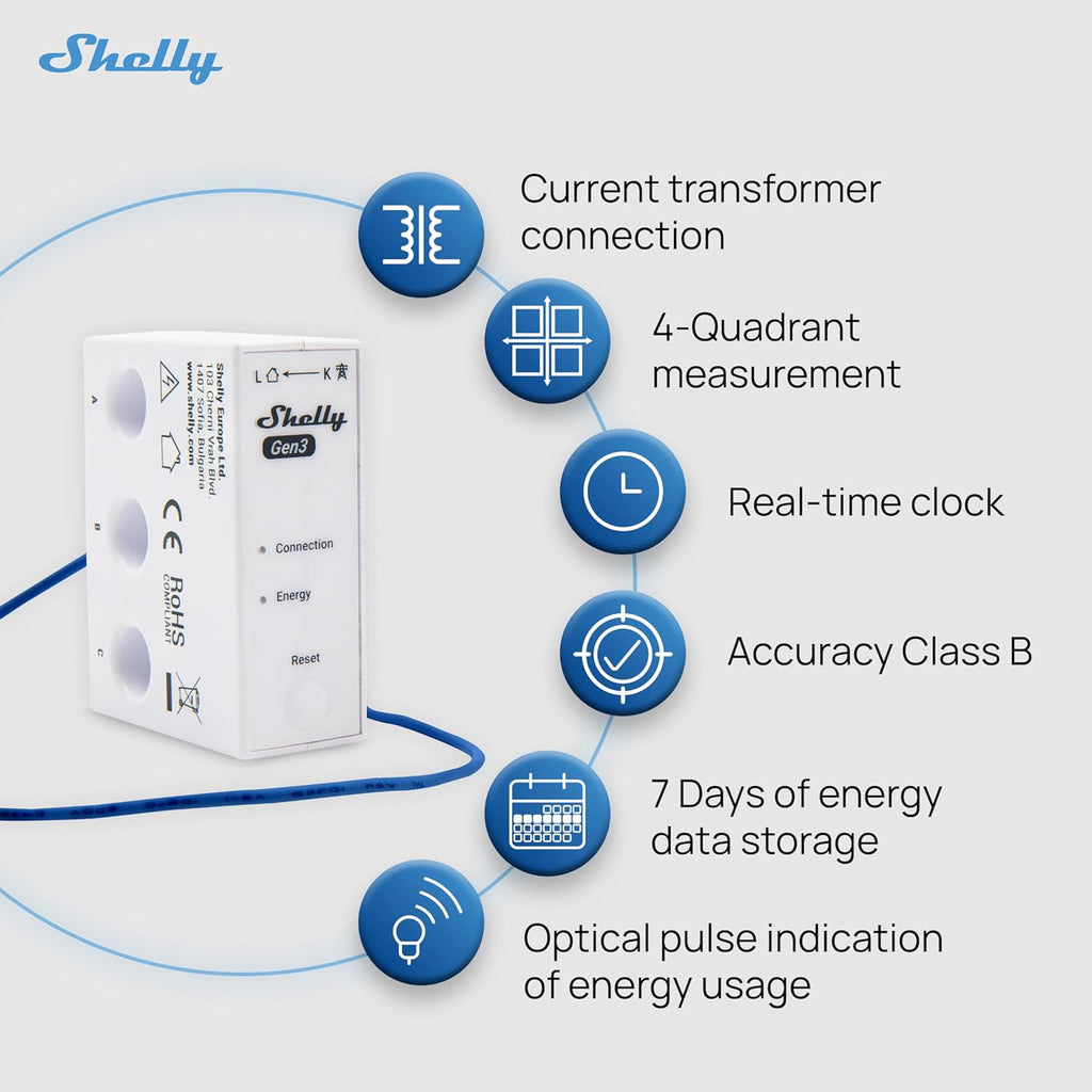 Shelly 3EM-63T Gen3 | Wi-Fi Operated Smart 3-Phase Energy Meter | Home Automation | Compatible with Alexa & Google Home | iOS Android App | No Hub Required | Data Logging | Solar Photovoltaic Ready
