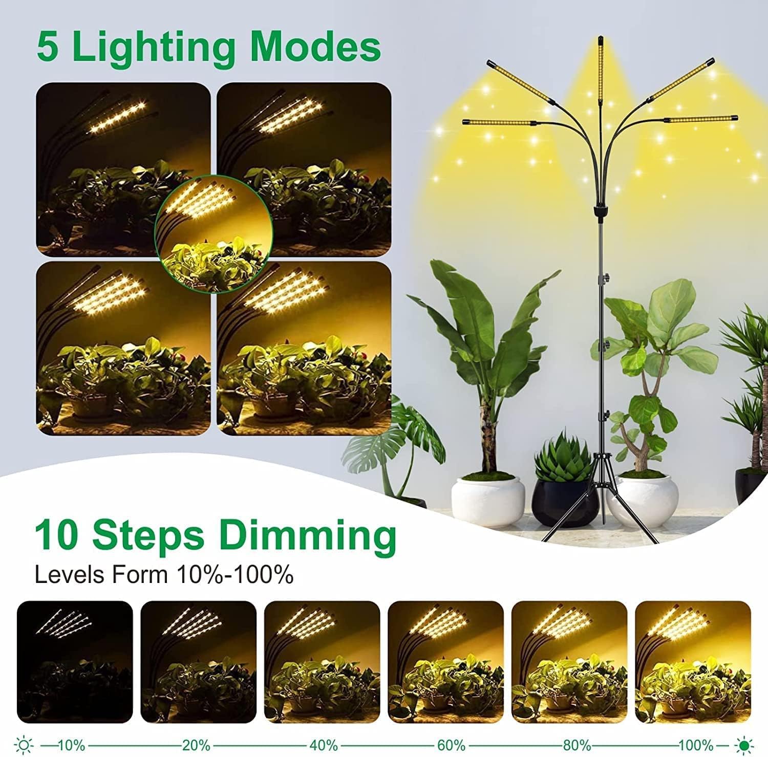 5-Head Adjustable LED Lights, Full Spectrum Grow Lamp with Timer, Warm White Light for Indoor Plants