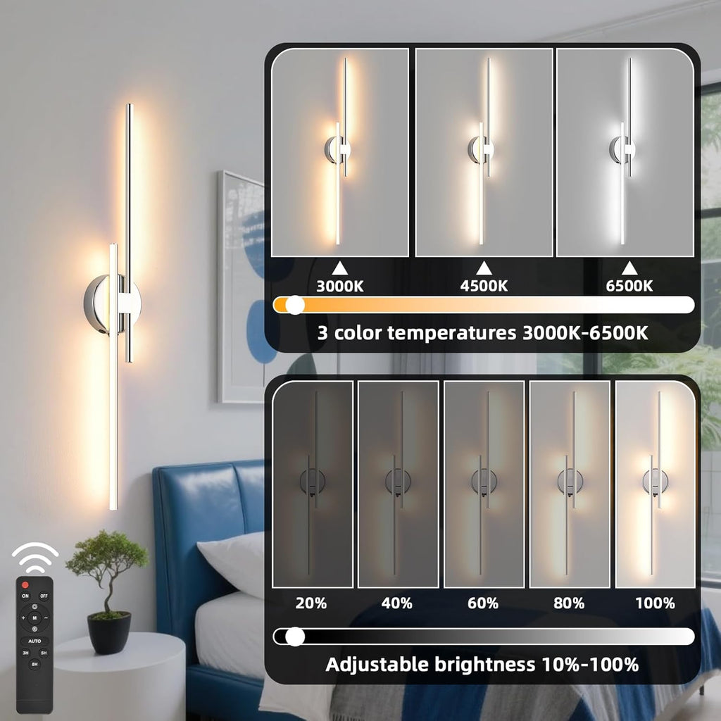 Wireless Battery Operated Wall Sconces with Remote, USB Rechargeable Led Wall Lights, 3000K-6000K Chrome wall sconces for Bedroom, Hallway, Living Room. Chrome 31.4-Inch Wall Light Set of Two