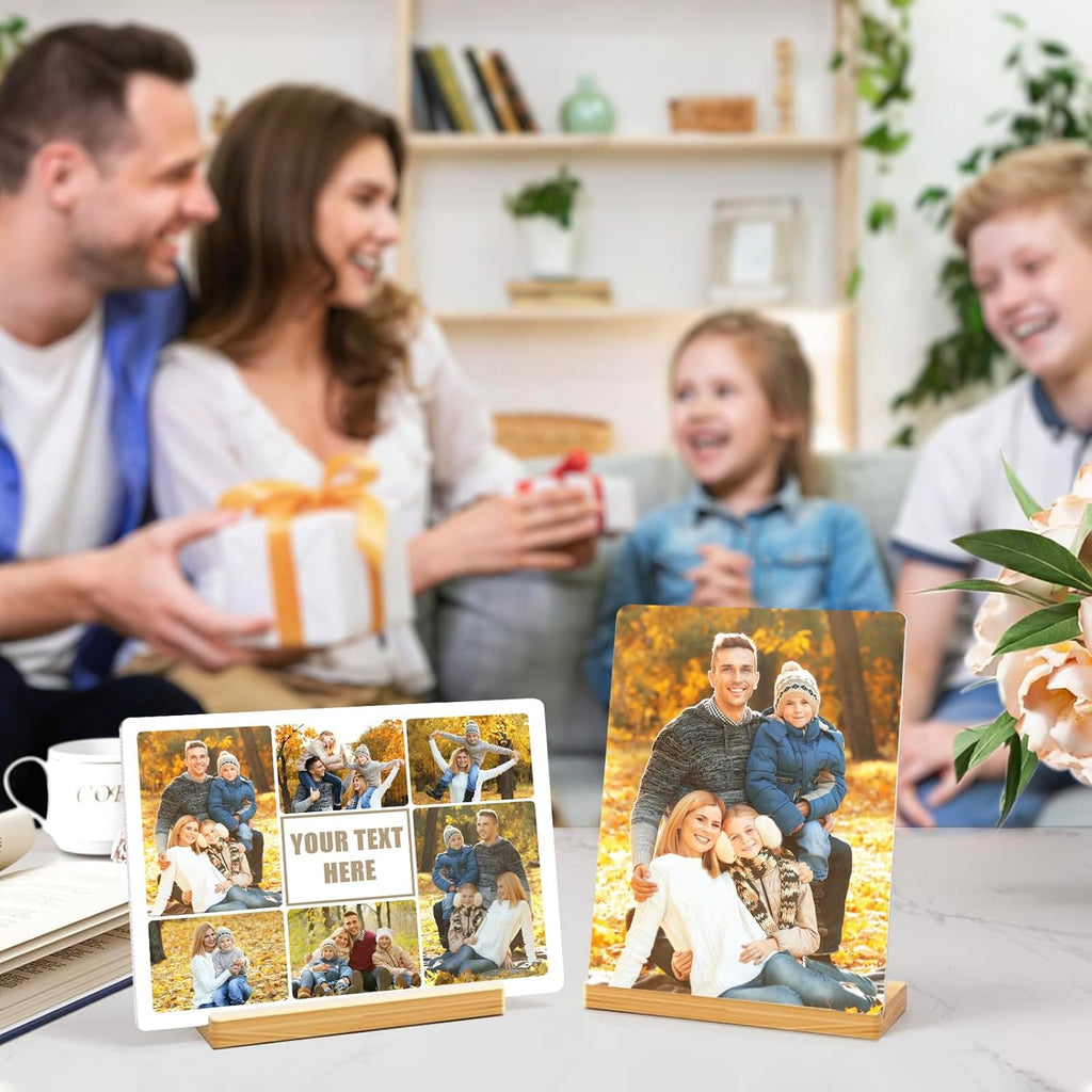 Custom Photo Prints - Metal Desktop Picture Frame with Photos Collage & Text & Wooden Base Personalized Gifts for Family Lovers Pets and Friends, Optional Multiple Sizes