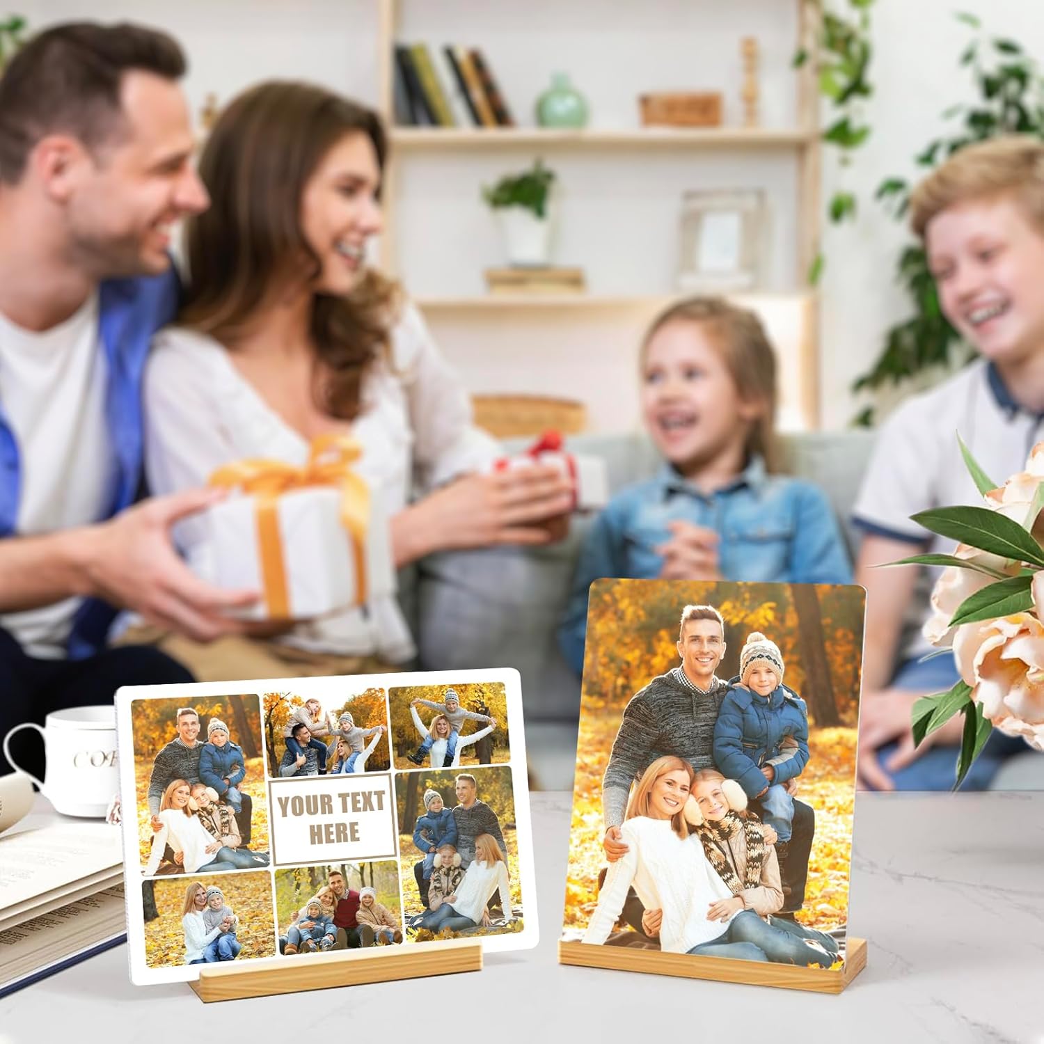Custom Photo Prints - Metal Desktop Picture Frame with Photos Collage & Text & Wooden Base Personalized Gifts for Family Lovers Pets and Friends, Optional Multiple Sizes