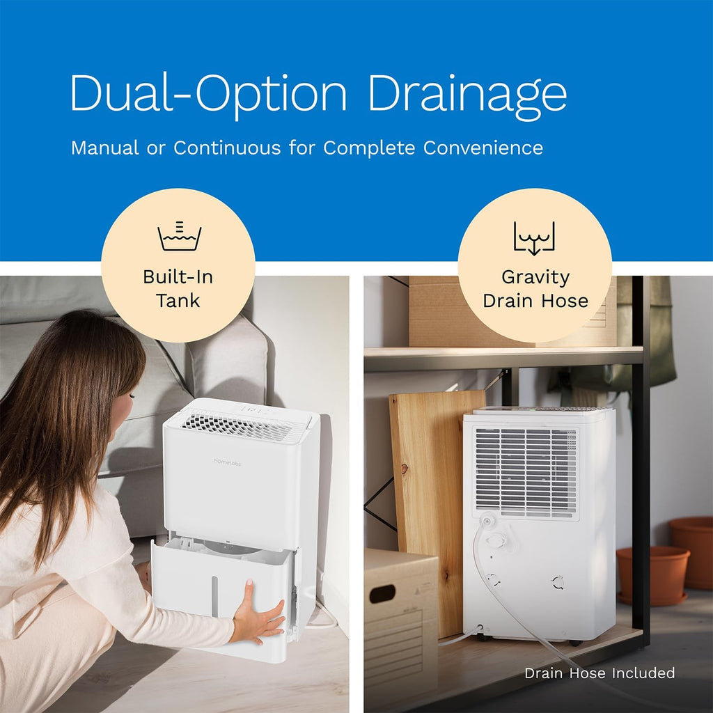 hOmeLabs Dehumidifier - Advanced Humidity & Moisture Control, Quiet, Efficient, Auto Shut-off, Ideal for Home, Basement, Office - 3,500 Sq Ft Wi-Fi (25 Pint MAX 64 Pint at 95°F, 90% RH)