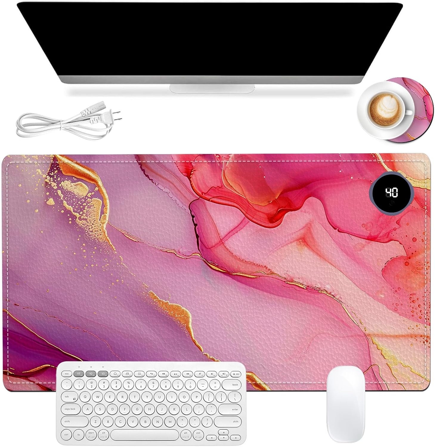 Heated Mouse Pad, Warm Desk Pad, Keyboard Mat 23.6 x 14 Inch Large Size Intelligent Fast Heating, 3 Speed Adjustable, Timed Auto Power Off for Game Office Home, Pink Marble