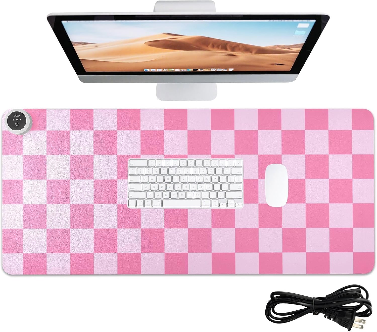 Checkered Pink Heated Desk Pad Mouse Pad 31.5x13 Inch PU Leather Desk Mat with 3 Heat Levels Large Mouse Gaming Computer Laptop Mat