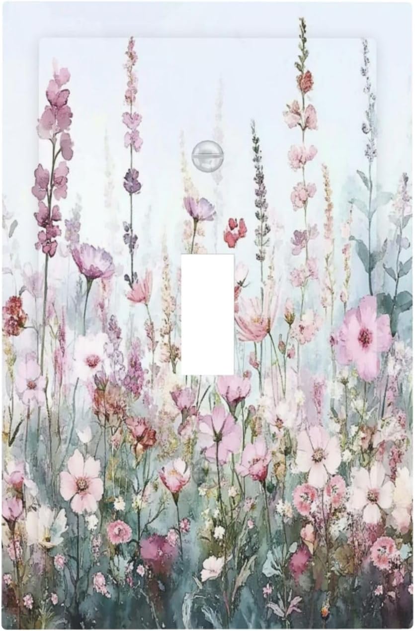 Pink Floral Watercolor Botanical Wildflowers Decorative Light Switch Cover 1 Gang Single Toggle Device Electrical Faceplate Switchplates Decorator Outlet Wall Plate For Bed Room Living Room Decor