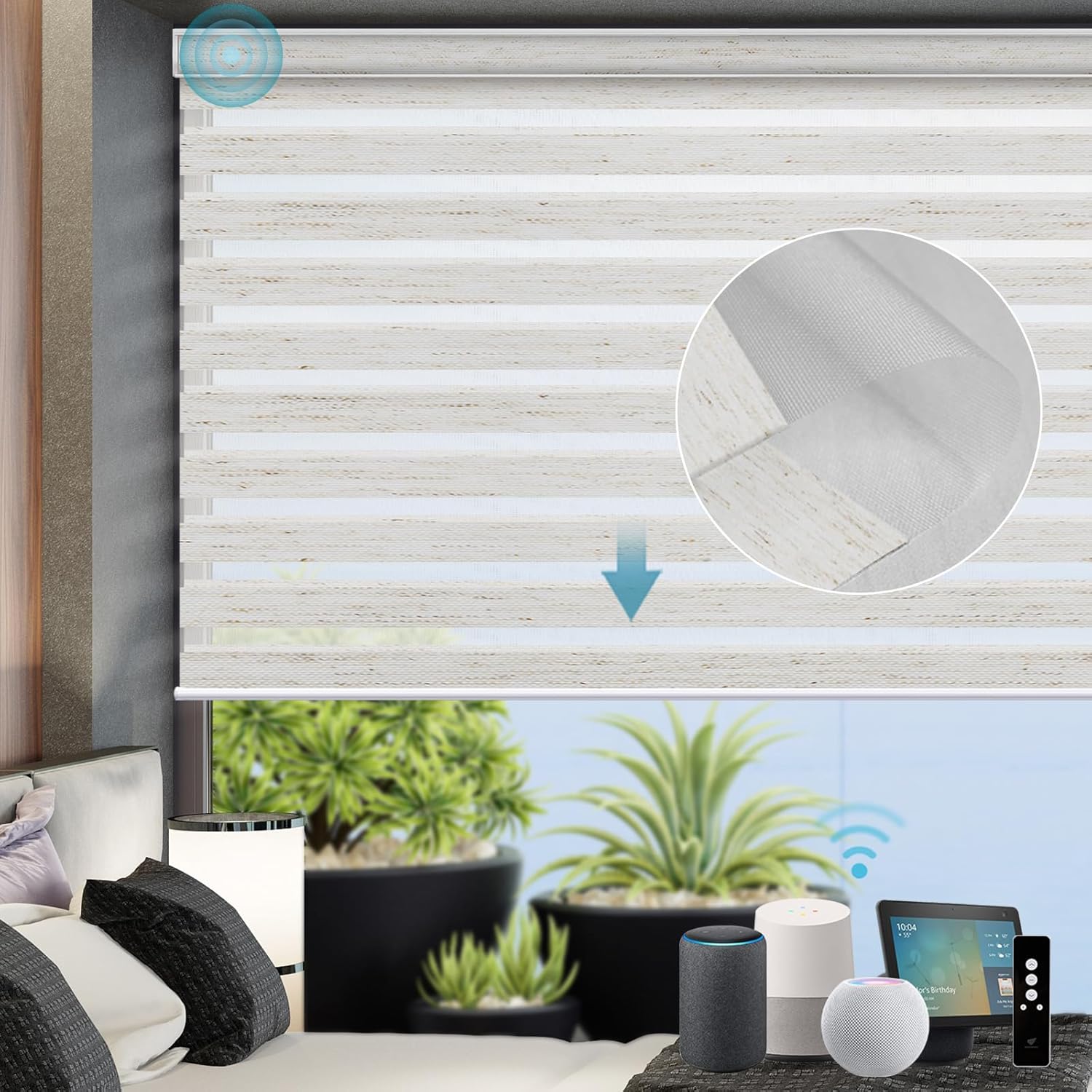 SmartWings Motorized Zebra Shades with Valance Work with Alexa Thread Homekit Z-Wave Google Home, 85% Blackout Light Filtering Day Night Sheer Blinds Remote Control, Customized 16"-110"W, Linen White