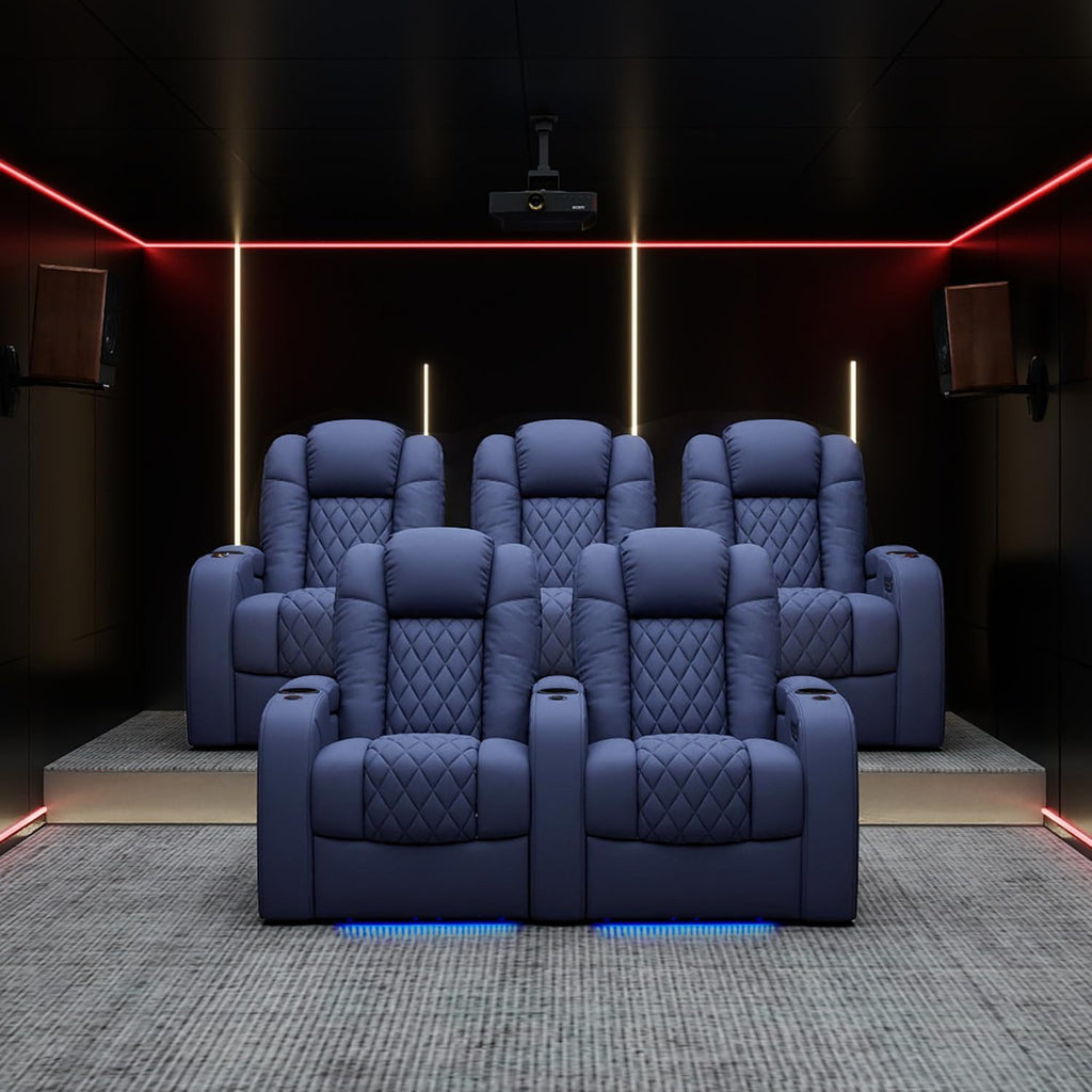 Weilianda Home Theater Seating Top Grain Leather Zero Gravity Recliner Chair Power Headrest Recline Movie Seat Gaming 7 Colors Mood Light Sofa with Tray Table USB Charge Row of 5 Loveseat Left Blue