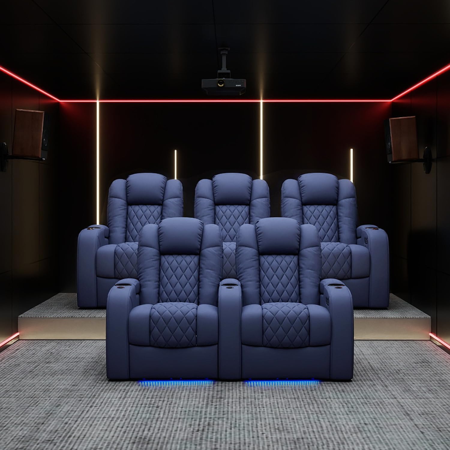 Weilianda Home Theater Seating Top Grain Leather Zero Gravity Recliner Chair Power Headrest Recline Movie Seat Gaming 7 Colors Mood Light Sofa with Tray Table USB Charge Row of 3 Loveseat Left Blue