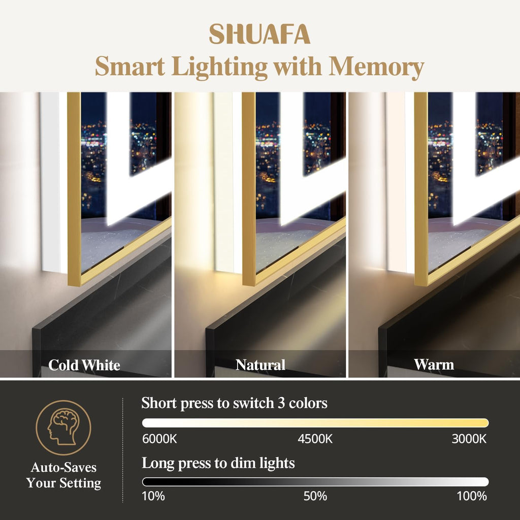 55X36 Inch LED Bathroom Mirror with Lights, Gold Frame Frontlit+ Backlit Bathroom Vanity Mirror for Wall, Ultra-Clear Tempered Glass, Shatter-Proof, Anti-Fog and Memory Function, ETL Listed