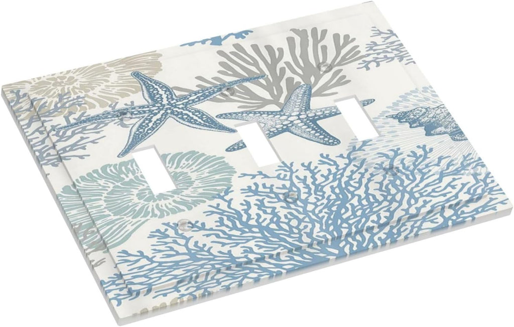 Decorative Light Switch Plate Covers Blue Starfish Coral Seaweed 3 Gang Light Switch Cover Plate Triple Toggle Wall Plate Outlet Covers for Bathroom Bedroom Decor